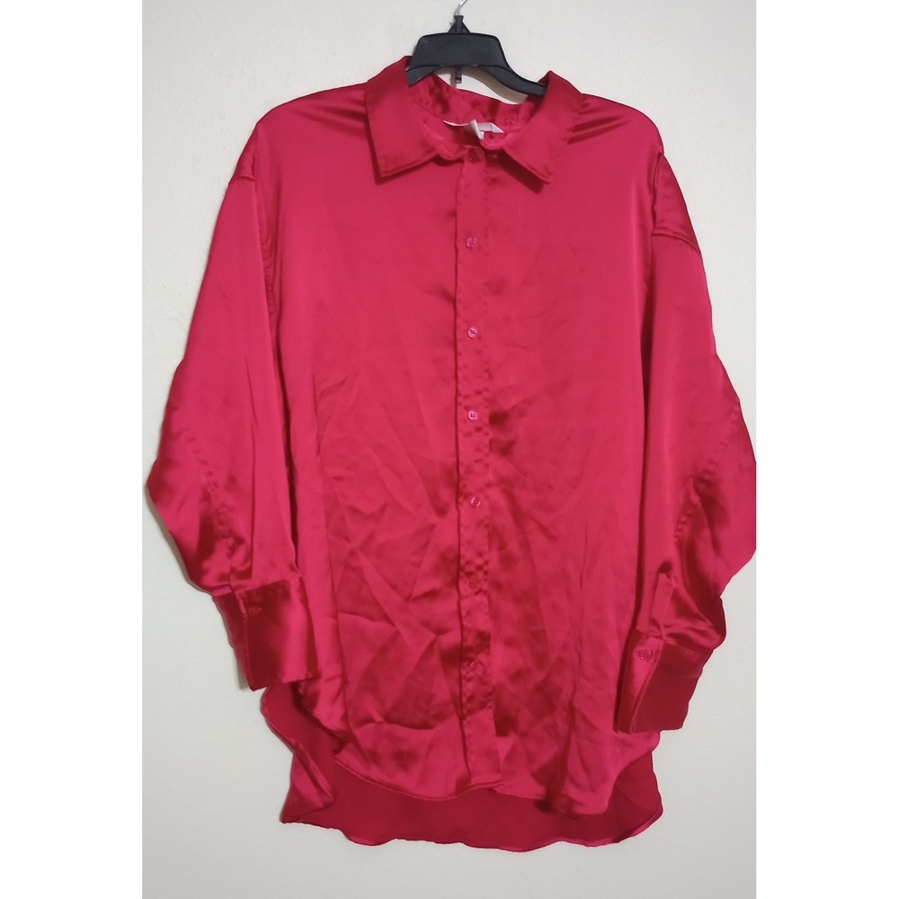 H&M Red Satin Oversized Button Down Shirt Blouse Long Sleeve XL Holiday Party